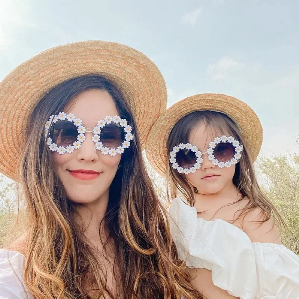 Small Daisy Flowers Decoration Round Frame Shades Travel Fashionable Sunglasses for Kids